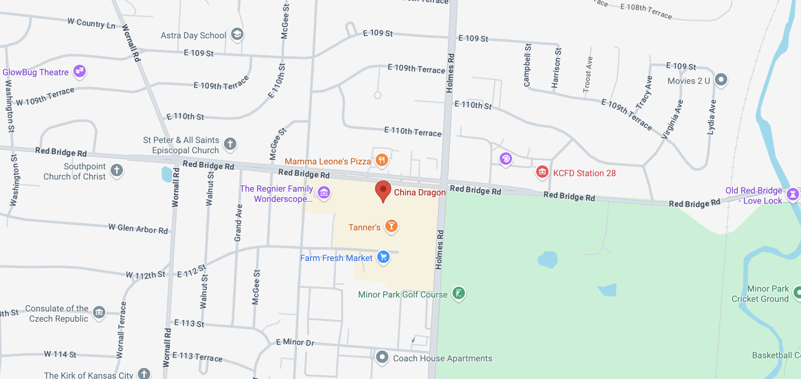 Map showing the location of China Dragon restaurant on Red Bridge Road, near Holmes Road. Nearby landmarks include Tanner's, Farm Fresh Market, and Minor Park Golf Course.